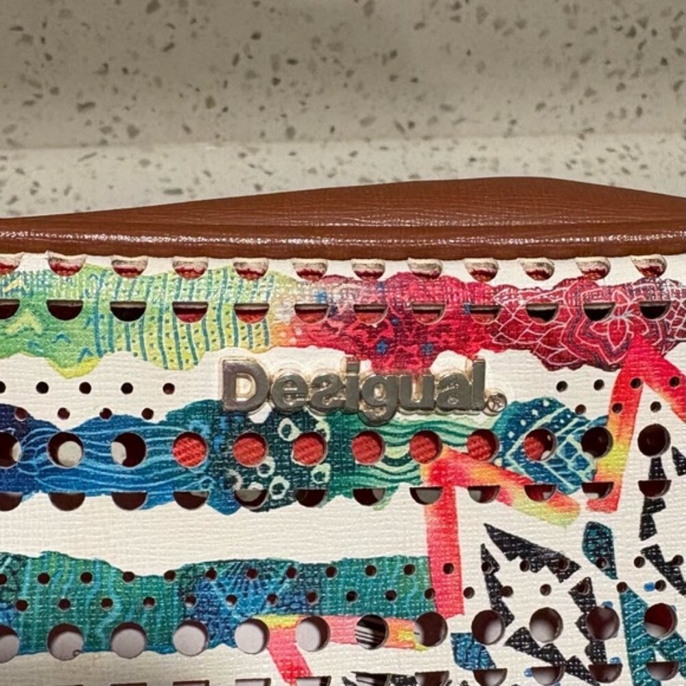 Desigual Charlotte Shoulder Bag Marine Print Perforated Brown Faux Leather Boho - Picture 8 of 15